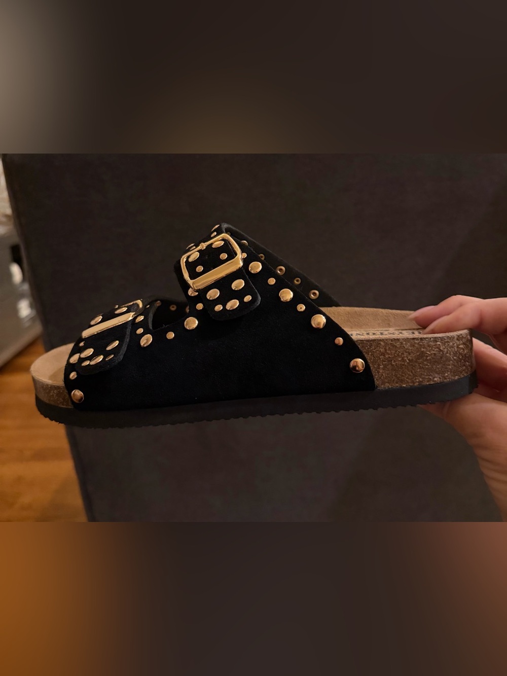 Black Suede Greystone Size 7 NWOT Studded Double-Buckle Sandals